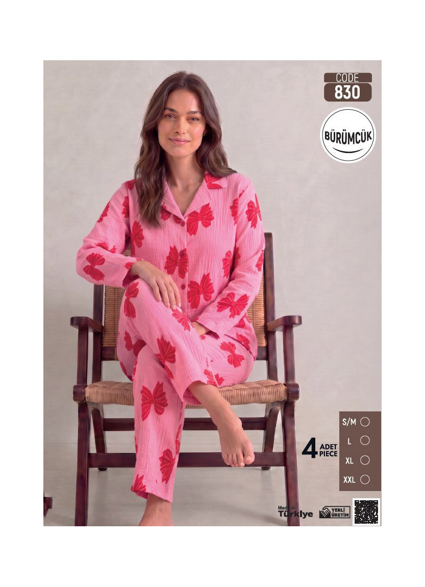 Женская Пижама с Брюками и Длинным Рукавом из Жатой Ткани (S/M+L+XL+2XL) Bürümcük Pijamo 830