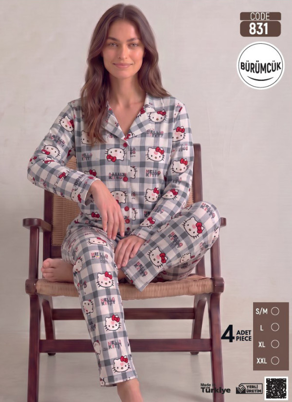 Women's Long-Sleeve Pajama Set with Pants in Crinkle Fabric (S/M+L+XL+2XL) Bürümcük Pijamo 831