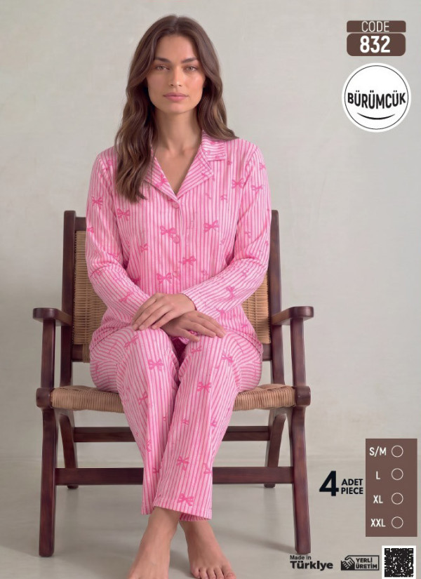 Women's Long-Sleeve Pajama Set with Pants in Crinkle Fabric (S/M+L+XL+2XL) Bürümcük Pijamo 832