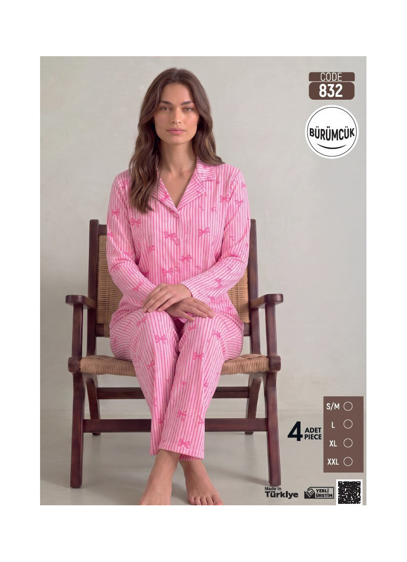 Women's Long-Sleeve Pajama Set with Pants in Crinkle Fabric (S/M+L+XL+2XL) Bürümcük Pijamo 832