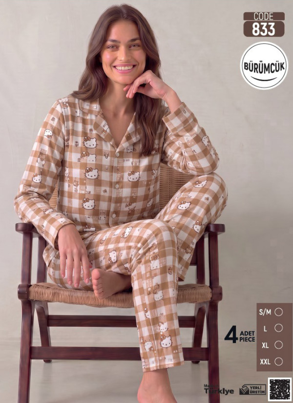 Women's Long-Sleeve Pajama Set with Pants in Crinkle Fabric (S/M+L+XL+2XL) Bürümcük Pijamo 833