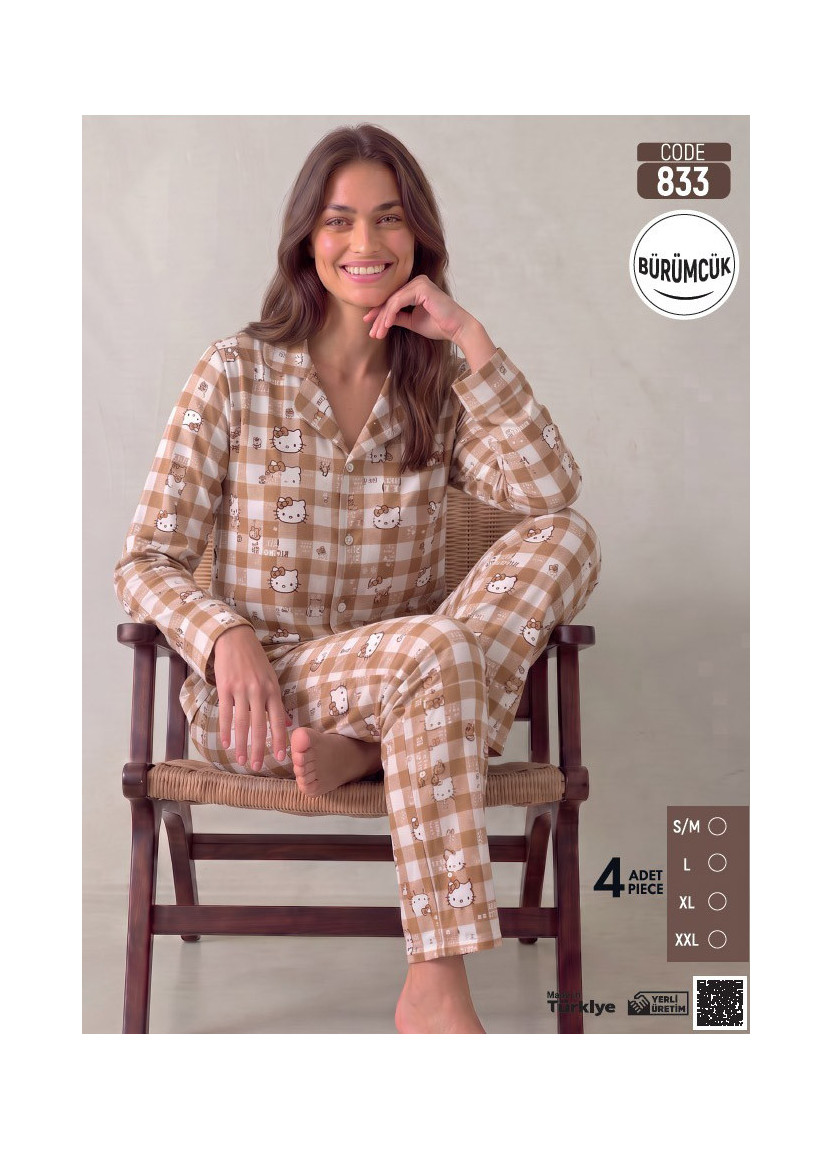 Women's Long-Sleeve Pajama Set with Pants in Crinkle Fabric (S/M+L+XL+2XL) Bürümcük Pijamo 833