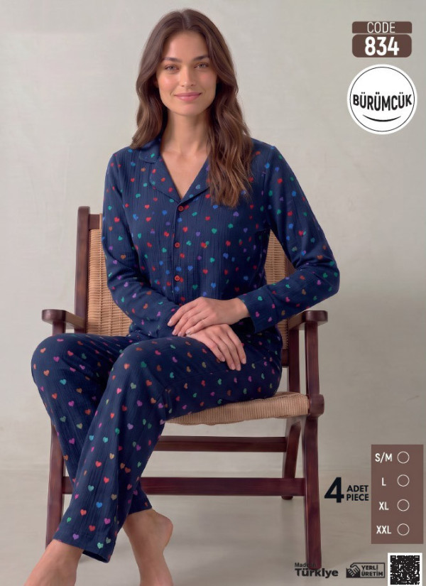 Women's Long-Sleeve Pajama Set with Pants in Crinkle Fabric (S/M+L+XL+2XL) Bürümcük Pijamo 834