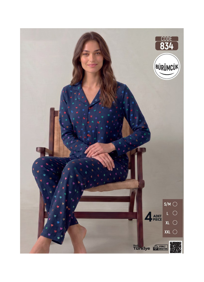 Women's Long-Sleeve Pajama Set with Pants in Crinkle Fabric (S/M+L+XL+2XL) Bürümcük Pijamo 834