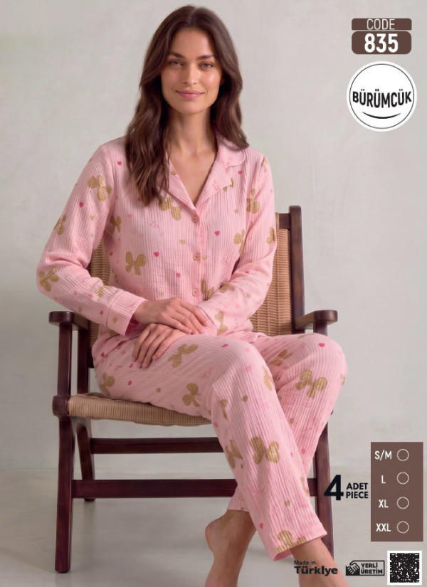 Women's Long-Sleeve Pajama Set with Pants in Crinkle Fabric (S/M+L+XL+2XL) Bürümcük Pijamo 835