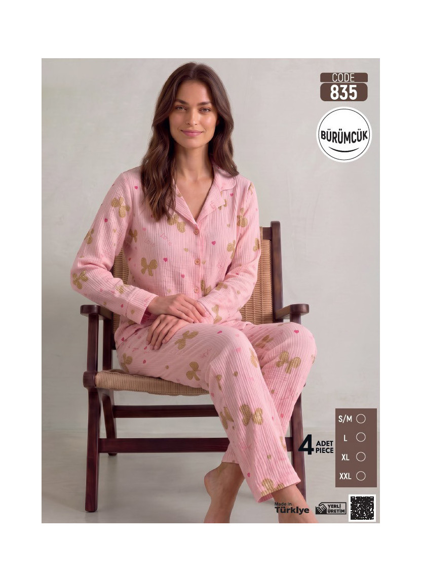 Women's Long-Sleeve Pajama Set with Pants in Crinkle Fabric (S/M+L+XL+2XL) Bürümcük Pijamo 835