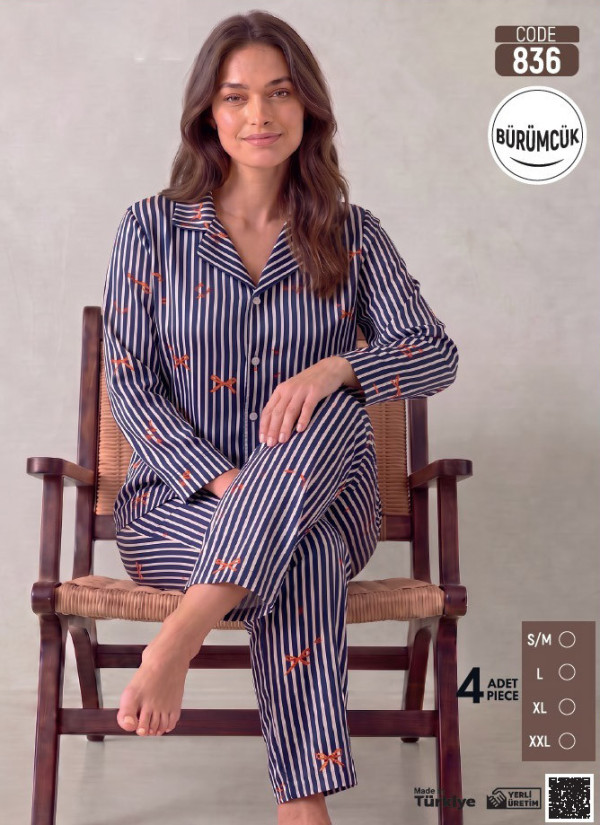 Women's Long-Sleeve Pajama Set with Pants in Crinkle Fabric (S/M+L+XL+2XL) Bürümcük Pijamo 836