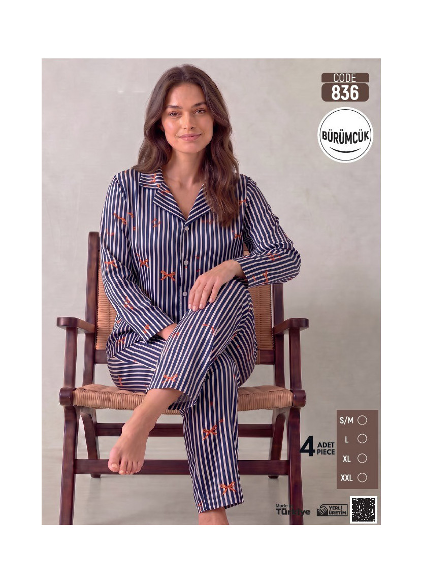 Women's Long-Sleeve Pajama Set with Pants in Crinkle Fabric (S/M+L+XL+2XL) Bürümcük Pijamo 836
