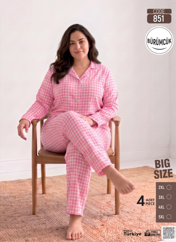 Women's Plus Size Long-Sleeve Pajama Set with Pants in Crinkle Fabric (2XL+3XL+4XL+5XL) Bürümcük Pijamo 851