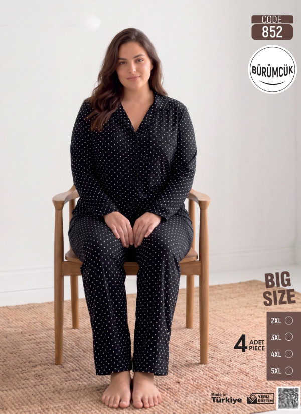 Women's Plus Size Long-Sleeve Pajama Set with Pants in Crinkle Fabric (2XL+3XL+4XL+5XL) Bürümcük Pijamo 852