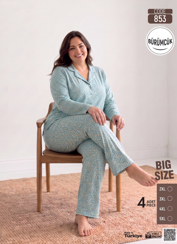 Women's Plus Size Long-Sleeve Pajama Set with Pants in Crinkle Fabric (2XL+3XL+4XL+5XL) Bürümcük Pijamo 853