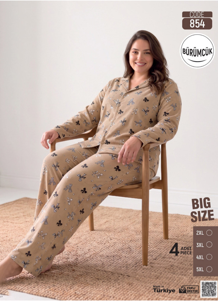 Women's Plus Size Long-Sleeve Pajama Set with Pants in Crinkle Fabric (2XL+3XL+4XL+5XL) Bürümcük Pijamo 854