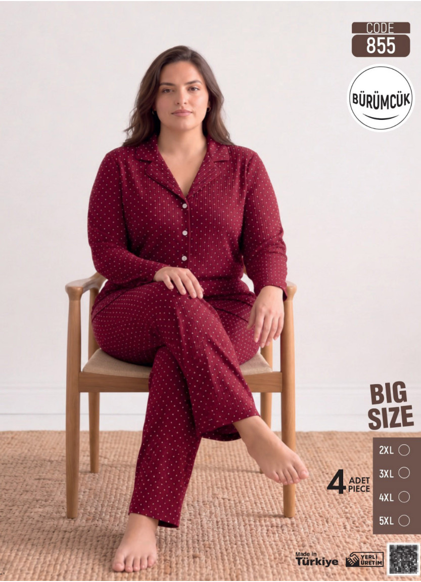Women's Plus Size Long-Sleeve Pajama Set with Pants in Crinkle Fabric (2XL+3XL+4XL+5XL) Bürümcük Pijamo 855