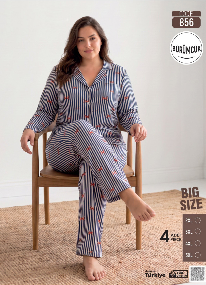Women's Plus Size Long-Sleeve Pajama Set with Pants in Crinkle Fabric (2XL+3XL+4XL+5XL) Bürümcük Pijamo 856
