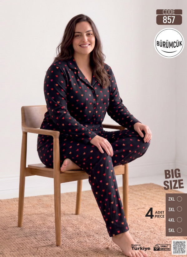 Women's Plus Size Long-Sleeve Pajama Set with Pants in Crinkle Fabric (2XL+3XL+4XL+5XL) Bürümcük Pijamo 857