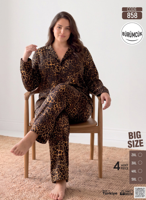 Women's Plus Size Long-Sleeve Pajama Set with Pants in Crinkle Fabric (2XL+3XL+4XL+5XL) Bürümcük Pijamo 858