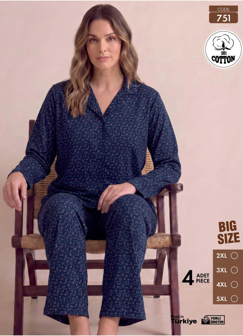 Women's Plus Size Long-Sleeve Pajama Set with Pants in 100% Cotton (2XL+3XL+4XL+5XL) Pijamo 751