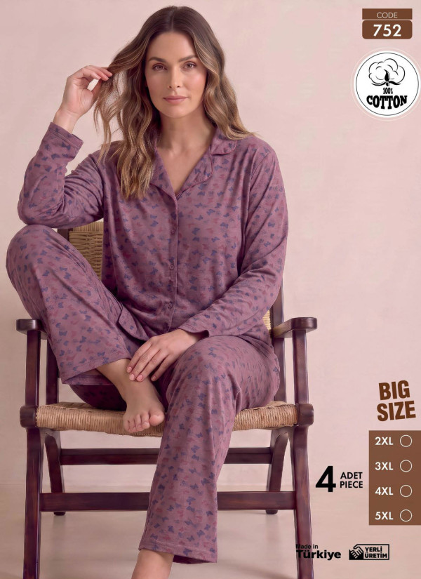 Женская Батальная Пижама с Брюками и Длинным Рукавом из 100% Хлопка (2XL+3XL+4XL+5XL) Pijamo 752