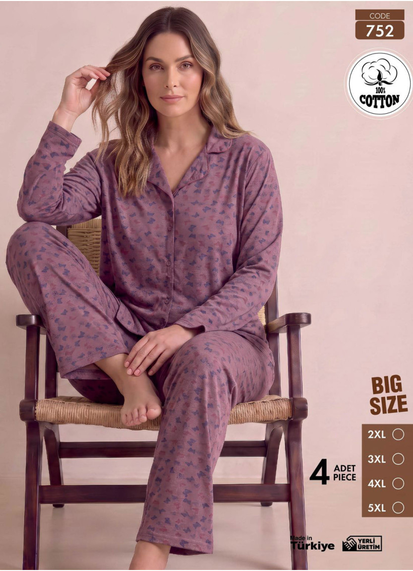 Women's Plus Size Long-Sleeve Pajama Set with Pants in 100% Cotton (2XL+3XL+4XL+5XL) Pijamo 752