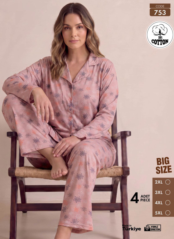 Women's Plus Size Long-Sleeve Pajama Set with Pants in 100% Cotton (2XL+3XL+4XL+5XL) Pijamo 753