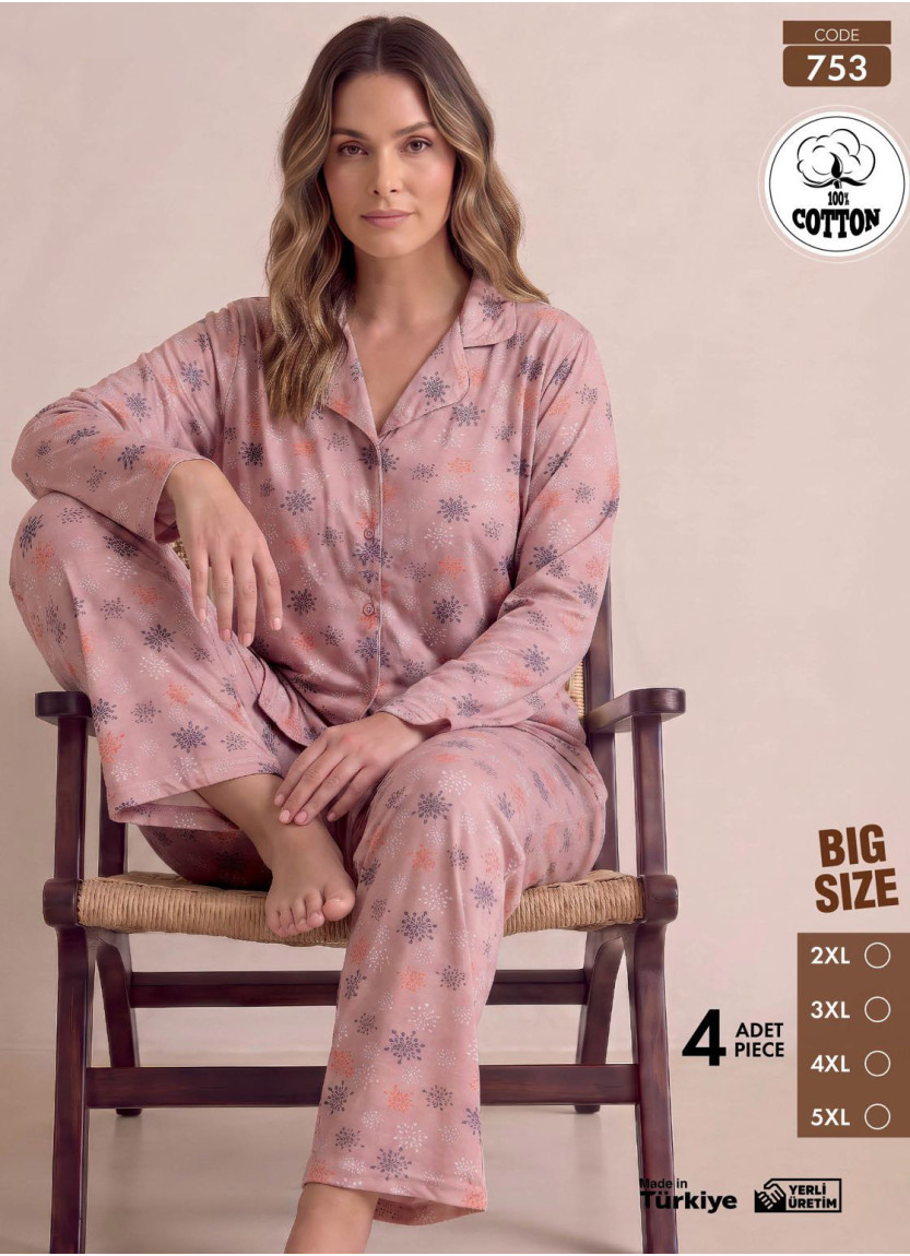 Women's Plus Size Long-Sleeve Pajama Set with Pants in 100% Cotton (2XL+3XL+4XL+5XL) Pijamo 753