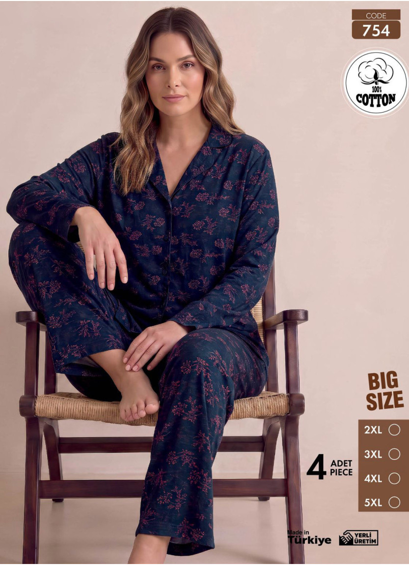 Women's Plus Size Long-Sleeve Pajama Set with Pants in 100% Cotton (2XL+3XL+4XL+5XL) Pijamo 754