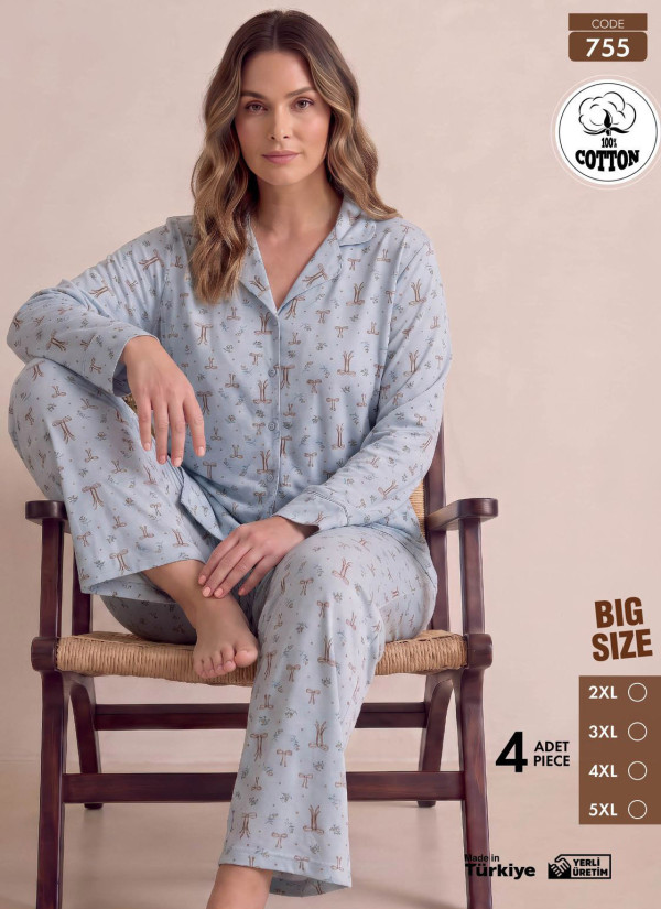 Women's Plus Size Long-Sleeve Pajama Set with Pants in 100% Cotton (2XL+3XL+4XL+5XL) Pijamo 755