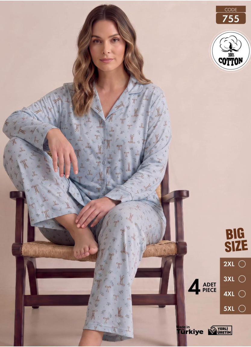 Женская Батальная Пижама с Брюками и Длинным Рукавом из 100% Хлопка (2XL+3XL+4XL+5XL) Pijamo 755