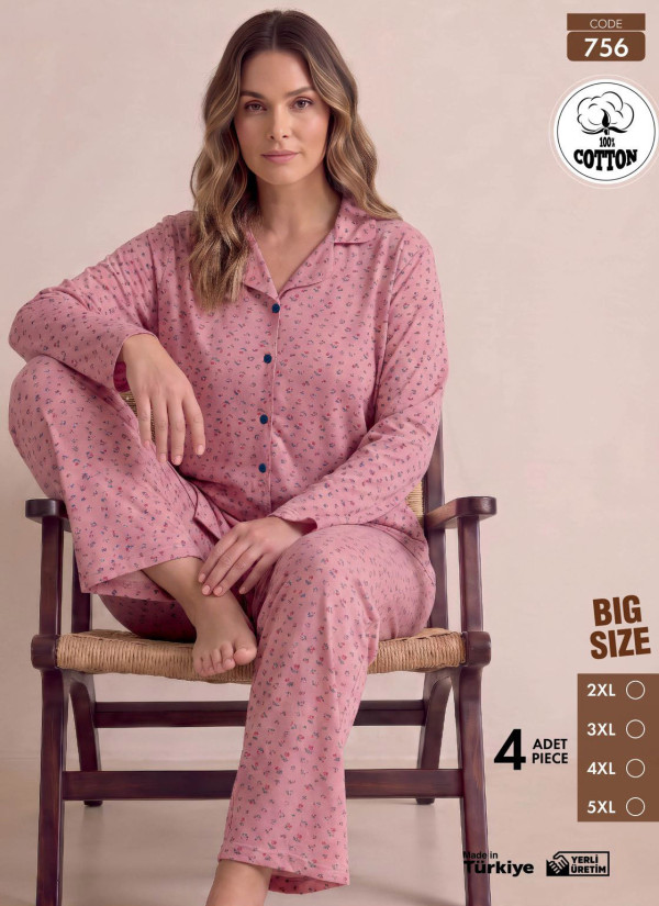 Women's Plus Size Long-Sleeve Pajama Set with Pants in 100% Cotton (2XL+3XL+4XL+5XL) Pijamo 756