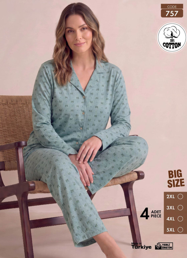 Women's Plus Size Long-Sleeve Pajama Set with Pants in 100% Cotton (2XL+3XL+4XL+5XL) Pijamo 757