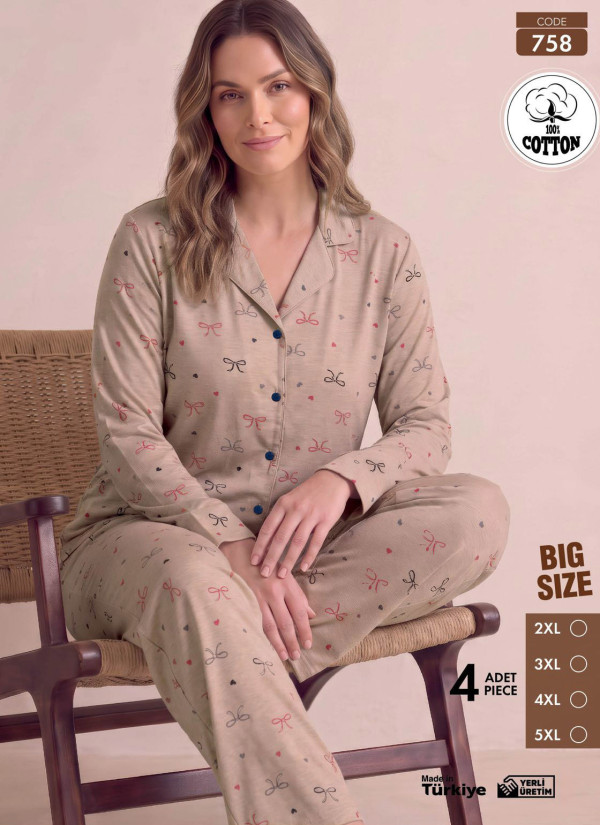 Women's Plus Size Long-Sleeve Pajama Set with Pants in 100% Cotton (2XL+3XL+4XL+5XL) Pijamo 758