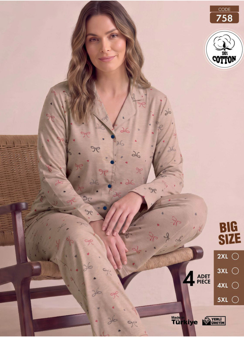 Women's Plus Size Long-Sleeve Pajama Set with Pants in 100% Cotton (2XL+3XL+4XL+5XL) Pijamo 758