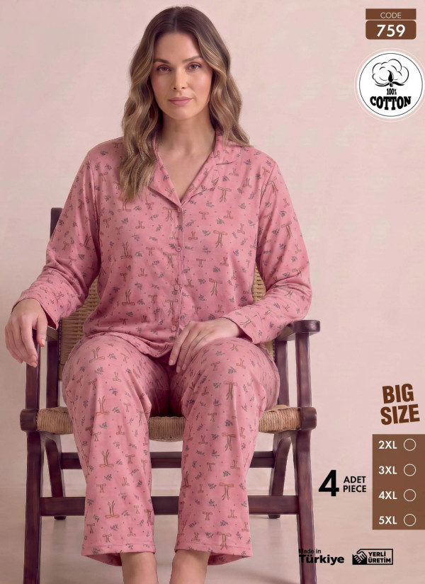 Women's Plus Size Long-Sleeve Pajama Set with Pants in 100% Cotton (2XL+3XL+4XL+5XL) Pijamo 759
