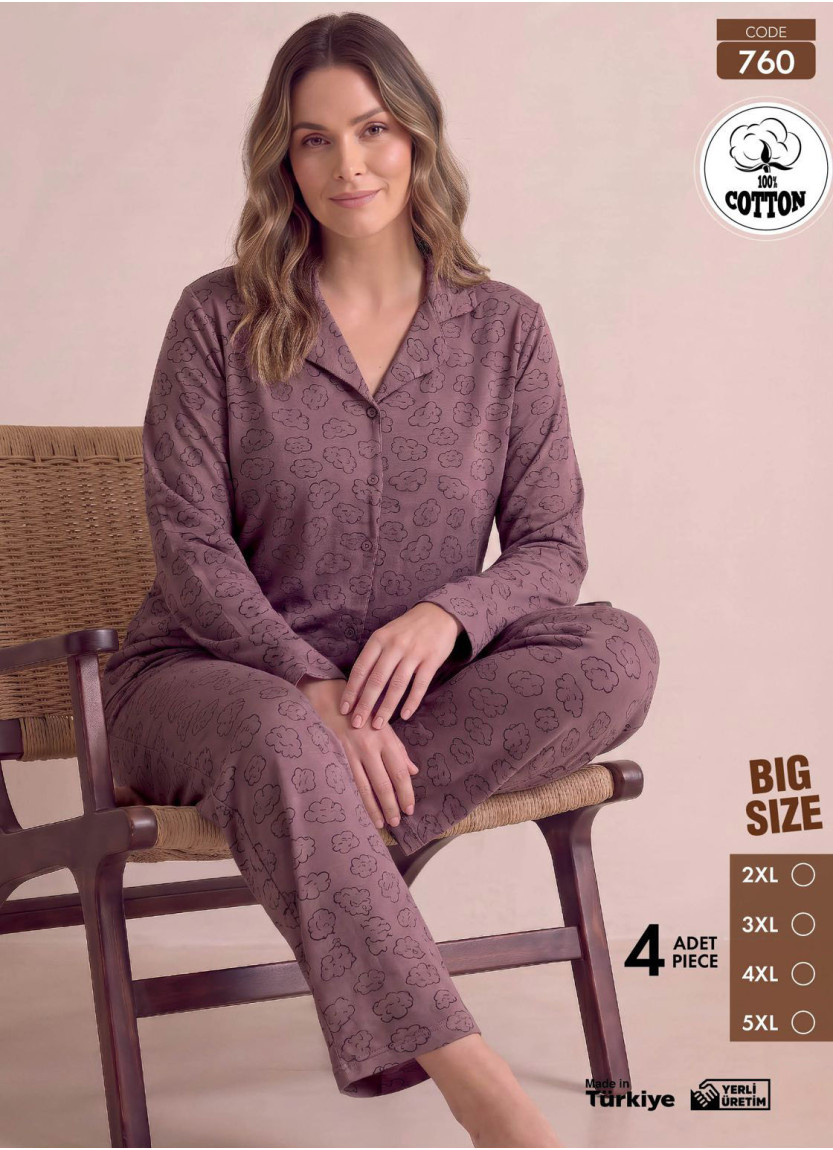 Women's Plus Size Long-Sleeve Pajama Set with Pants in 100% Cotton (2XL+3XL+4XL+5XL) Pijamo 760