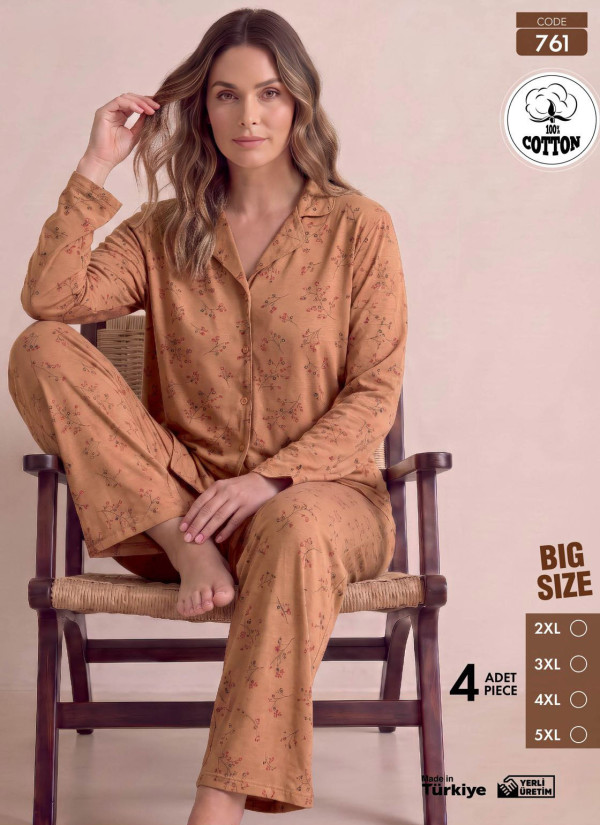 Women's Plus Size Long-Sleeve Pajama Set with Pants in 100% Cotton (2XL+3XL+4XL+5XL) Pijamo 761