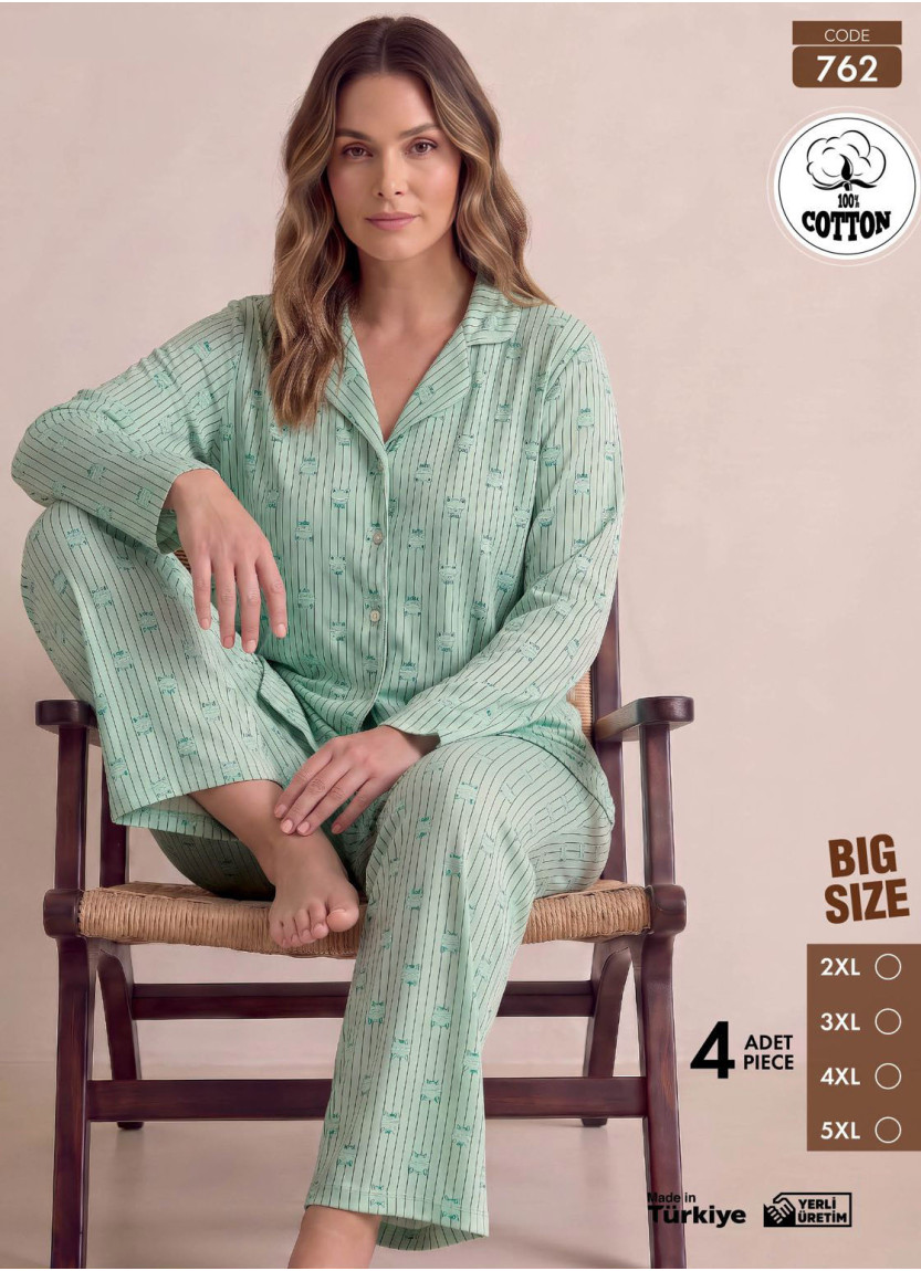 Women's Plus Size Long-Sleeve Pajama Set with Pants in 100% Cotton (2XL+3XL+4XL+5XL) Pijamo 762