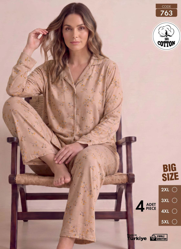 Women's Plus Size Long-Sleeve Pajama Set with Pants in 100% Cotton (2XL+3XL+4XL+5XL) Pijamo 763