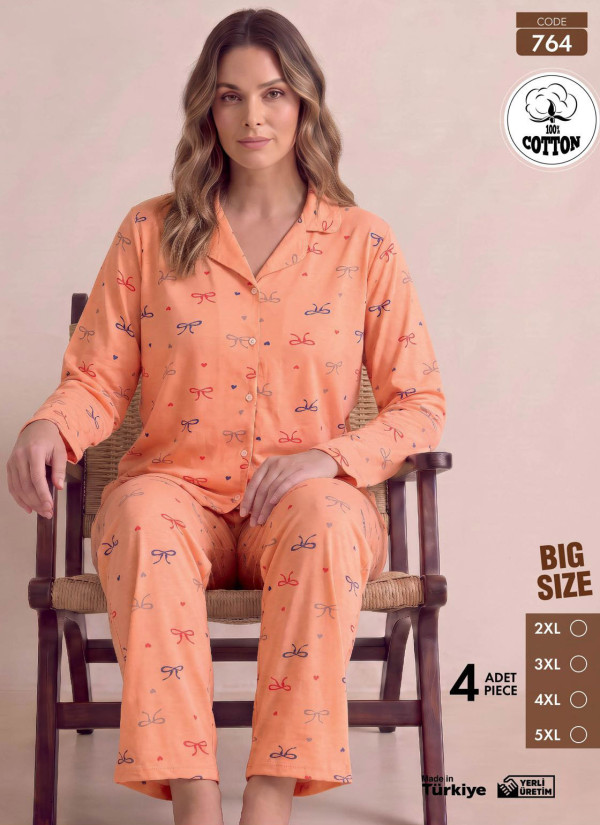 Women's Plus Size Long-Sleeve Pajama Set with Pants in 100% Cotton (2XL+3XL+4XL+5XL) Pijamo 764