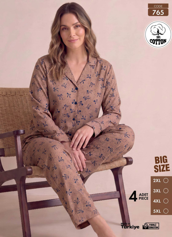 Women's Plus Size Long-Sleeve Pajama Set with Pants in 100% Cotton (2XL+3XL+4XL+5XL) Pijamo 765