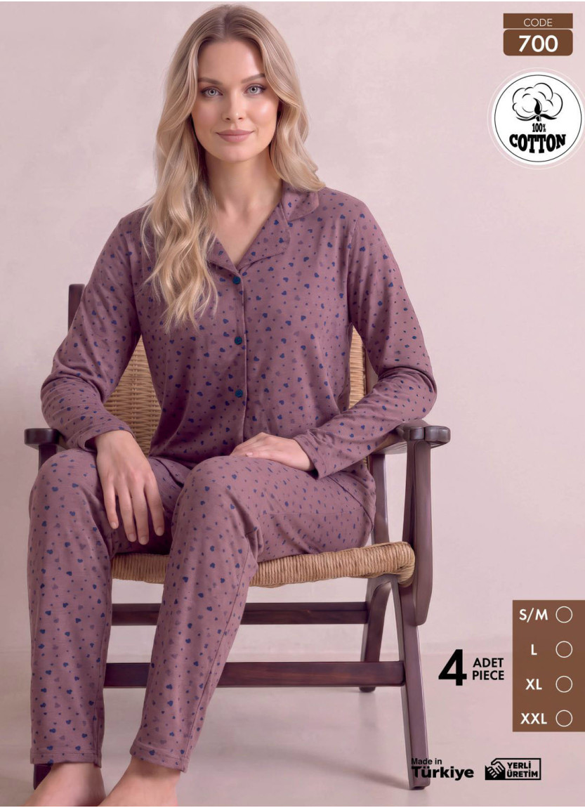 Женская Пижама с Брюками и Длинным Рукавом из 100% Хлопка (S/M+L+XL+2XL) Pijamo 700