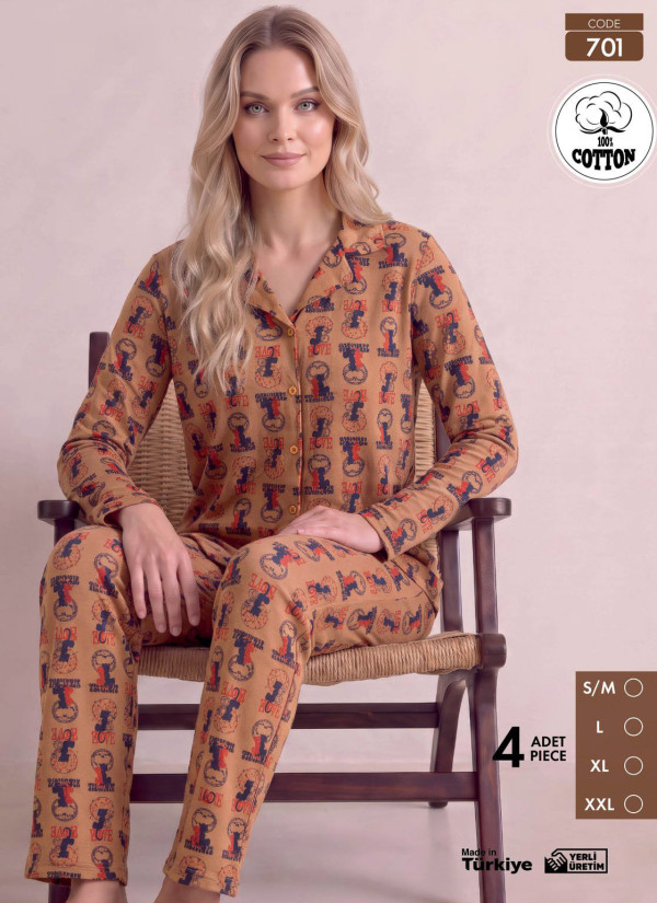 Women's Long-Sleeve Pajama Set with Pants in 100% Cotton (S/M+L+XL+2XL) Pijamo 701