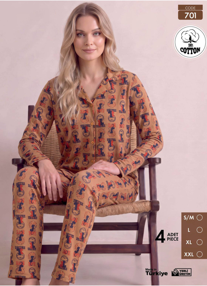 Женская Пижама с Брюками и Длинным Рукавом из 100% Хлопка (S/M+L+XL+2XL) Pijamo 701