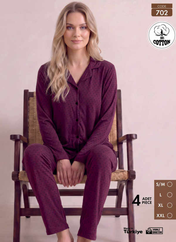 Women's Long-Sleeve Pajama Set with Pants in 100% Cotton (S/M+L+XL+2XL) Pijamo 702