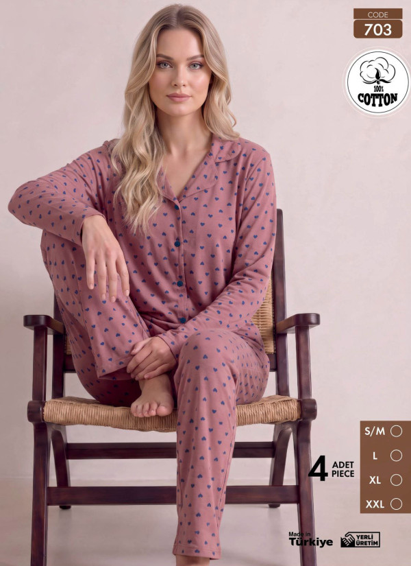 Women's Long-Sleeve Pajama Set with Pants in 100% Cotton (S/M+L+XL+2XL) Pijamo 703