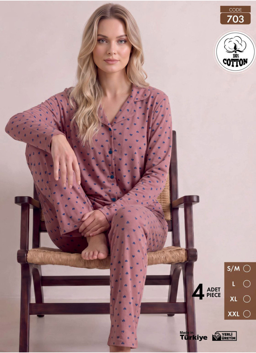 Женская Пижама с Брюками и Длинным Рукавом из 100% Хлопка (S/M+L+XL+2XL) Pijamo 703