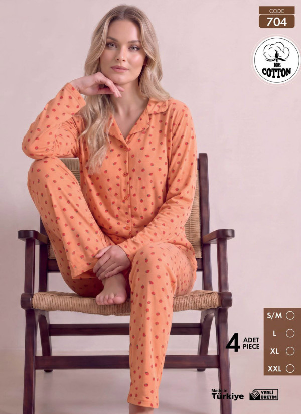 Women's Long-Sleeve Pajama Set with Pants in 100% Cotton (S/M+L+XL+2XL) Pijamo 704
