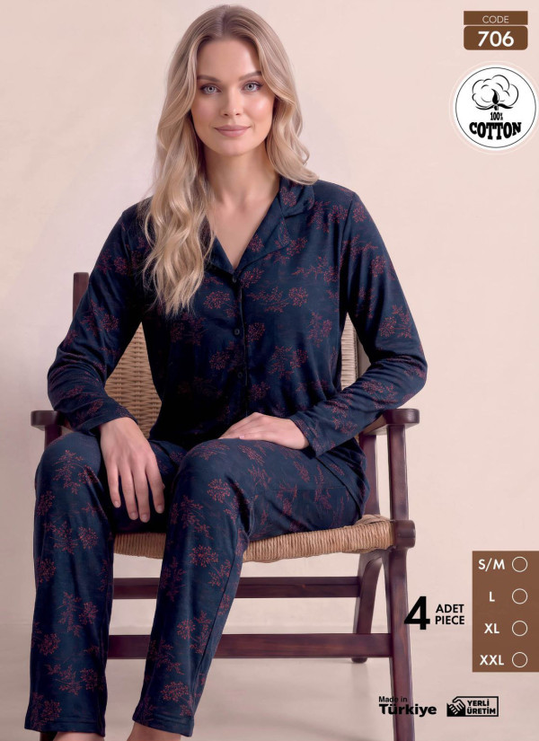 Women's Long-Sleeve Pajama Set with Pants in 100% Cotton (S/M+L+XL+2XL) Pijamo 706