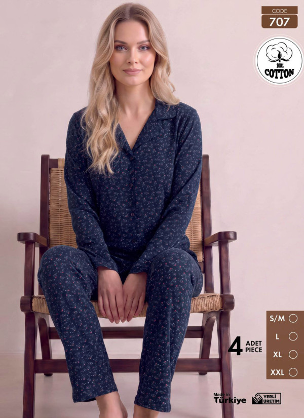 Women's Long-Sleeve Pajama Set with Pants in 100% Cotton (S/M+L+XL+2XL) Pijamo 707