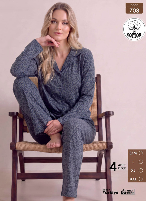 Women's Long-Sleeve Pajama Set with Pants in 100% Cotton (S/M+L+XL+2XL) Pijamo 708