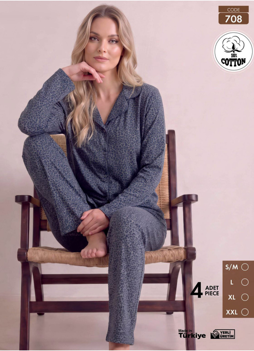 Women's Long-Sleeve Pajama Set with Pants in 100% Cotton (S/M+L+XL+2XL) Pijamo 708